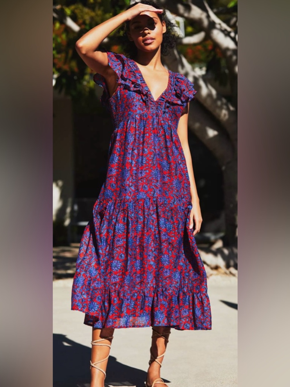 Roller Rabbit - Ondine style Red and Blue Ruffle Maxi Dress, size S